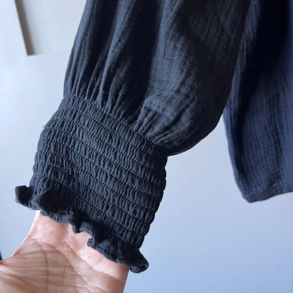 Gauze Long Sleeve Top Women Small Black Cotton Soft Lagenlook Minimalist Classic - Picture 2 of 10